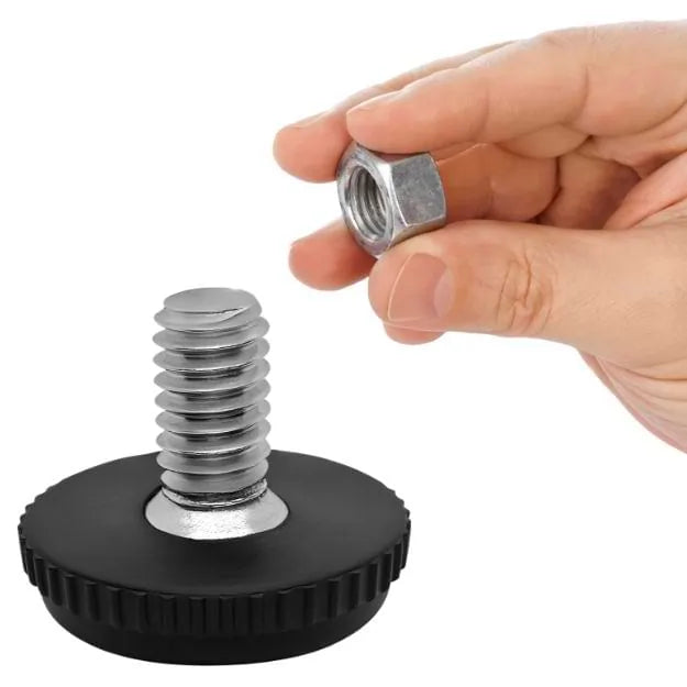 Hand holding a 5/16-18 nut to screw on a threaded furniture leveler