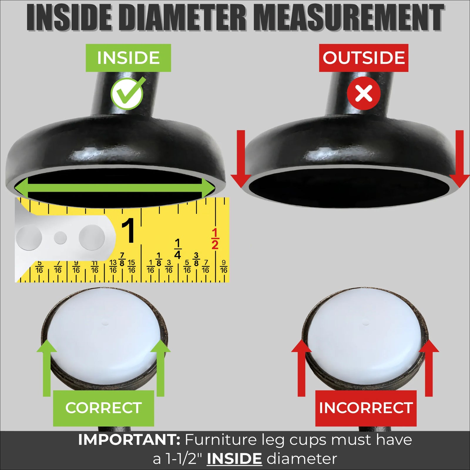 Showing furniture leg cup diameter inside and outside measurements with a yellow tape measure and labeled examples of correct and incorrect fit.
