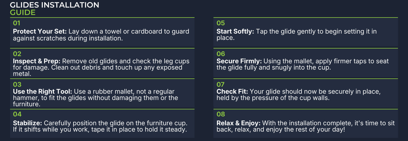 Installation guide steps for furniture glides