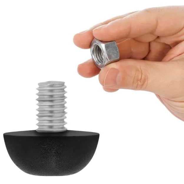 Hand holding a nut to screw on a 8mm 1.25 outdoor furniture leveler